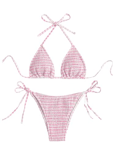 SOLY HUX Women's Plaid Gingham Bikini Sets Halter String Triangle Tie Side Bathing Suit Two Piece Swimsuit Pink Plaid Small