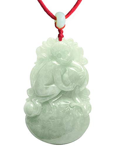 Dahlia Chinese Zodiac Jade Necklace, Real Grade A Certified Burma Jadeite, Adjustable Lucky Red Cord, Monkey Q80