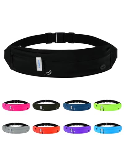 WATERFLY Running Belt Fanny Pack: Runner Marathon Jogging Waist Pack Sport Workout Exercise Fitness Phone Holder Belt for Men Women Jogger Slim Waistband Black