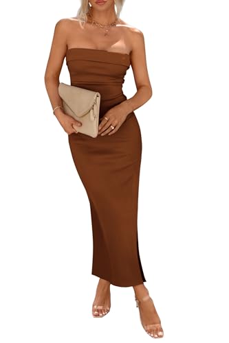 PRETTYGARDEN Women's Summer Bodycon Maxi Tube Dress Ribbed Strapless Side Slit Long Going Out Casual Elegant Party Dresses (Brown,X-Large)