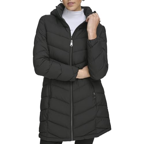 Calvin Klein Women's Light-weight Hooded Puffer Jacket, Ebony, Large