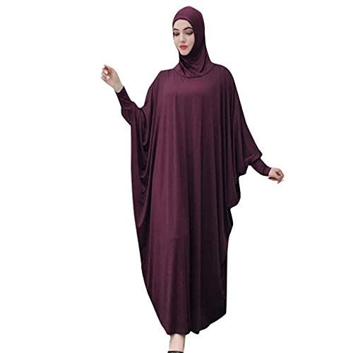 Women's Solid Muslim One-Piece Prayer Dress Abaya Kaftan with Hijab Full Length Dress