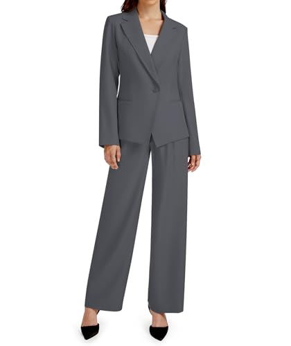 Casly Lamiit 2 Piece Sets for Women Dressy Casual Fall Trendy Blazer Suiting Dress Pants Suit Ladies Business Professional Outfits Classic Clothes Dark Grey L