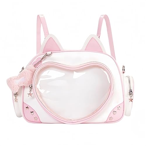 Kawaii Ita Bag Cat Pin Backpack Shoulder Crossbody Bag for Miku Anime Heart Clear Layer with Insert (Pink)