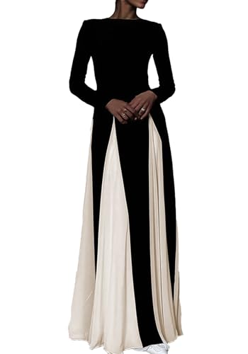 Kwunbwa Wedding Guest Dresses for Women Elegant Long Sleeve Patchwork Pleated Swing Long Dress Formal Maxi Dress Black