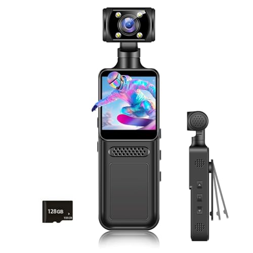 Fenpos 128G 4K Body Clip Camera with Audio and Video Recording FHD Mini Handheld Body Worn Cam Portable Small Personal Camcorder Sport Action Outdoor Video Recorder
