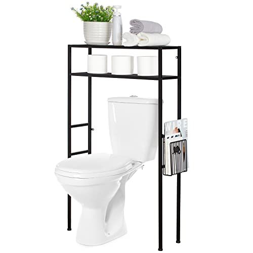 MyGift 2-Tier Over The Toilet Storage, Space Saver Metal Bathroom Shelves, Freestanding Above Over Toilet Storage Shelf with 1 Magazine Holder Basket, Black