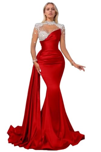 High Waist Prom Dresses 2024 Long Tulle High Neck Pleated Tight Sweetheart Sequin Beaded Satin Mermaid Formal Evening Party Gowns with Sleeves Red 14 MX536