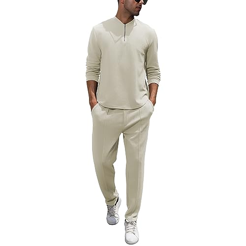 FZNHQL Men's Track Suits Stylish Leisure Sportswear Set 2 Piece Sweatshirt Tracksuit Outfits Sweatpants Workout Athletic Casual Suit Beige XX-Large