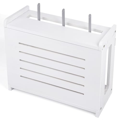 BEARUT Wooden Router Shelf Wall Mount WiFi Router Storage Box Modem Cover Organized Power Strip Cable Management Hider Rack by Solid Wood Need Assembly White