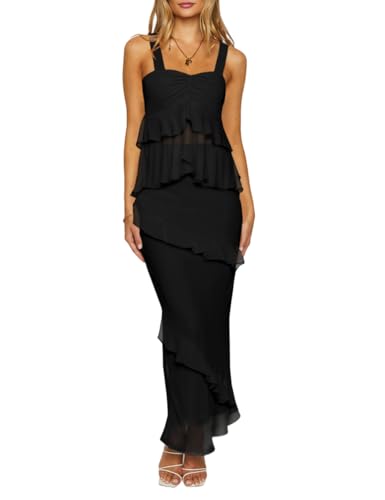Lrady Women's Two Piece Skirt Sets Beach Formal Wedding Guest Sleeveless Peplum Ruffle Party Maxi Bodycon Dress Outfits, Black, Small