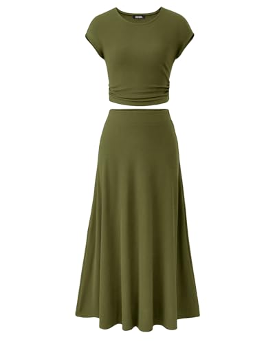 BTFBM Women Two Piece Skirt Set Summer 2025 Casual Vacation Crew Neck Short Sleeve Cropped Top Elastic Waist Midi Skirts(Army Green, X-Large)