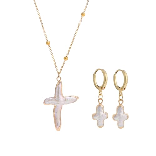Yewkit Nature Freshwater Pearl Cross Necklace Earring for Women, Gold Big Cross Pearl Necklace,Baroque Earrings (Gold)