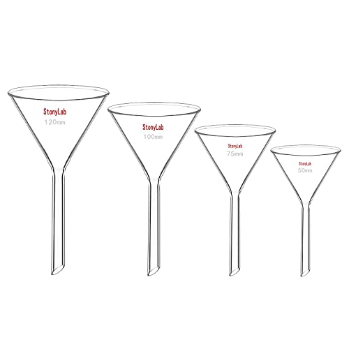 stonylab 4pcs Glass Funnel Set, Heavy Wall Borosilicate Glass Short Stem Funnels Filling Funnels, 50 mm/75 mm/100 mm/120 mm Diameter