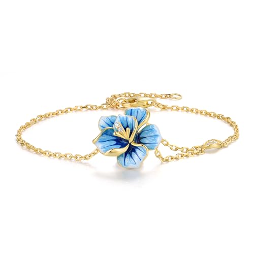 Santuzza 925 Sterling Silver Orchid Bracelet White Cubic Zirconia Enamel Blue Flower Bracelet for Women