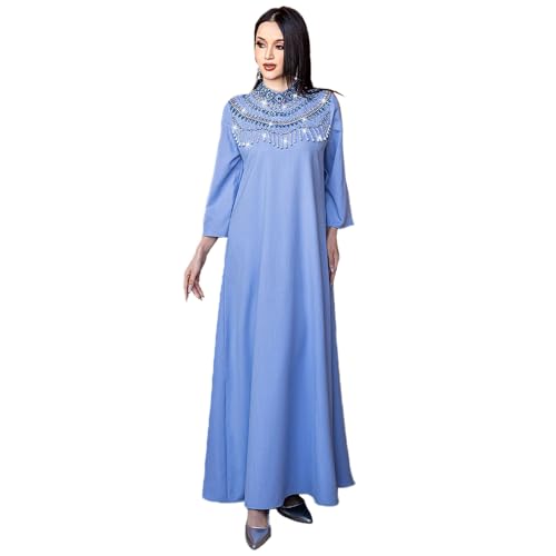 PolyJolly Handmade Bead Stand Collar Jalabiya Dress for Women Dubai Sadui Arabs 3/4 Sleeves Abaya Gown S