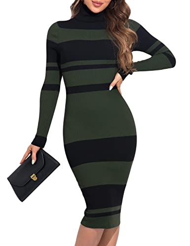 PrettyGuide Women's Turtleneck Knit Pullover Long Sleeve Stretch Bodycon Sweater Dress ArmyGreen with Black Stripes L