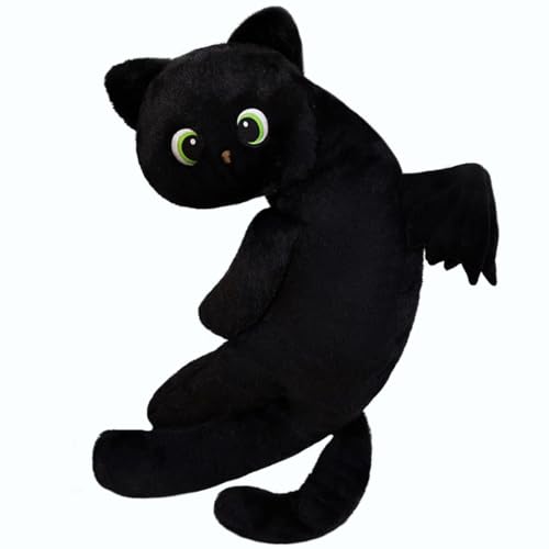 ELAINREN Stuffed Big Black Cat with Wings,Velvet Soft Black Kitten Plush Pillow Fluffy Black Angel Kitten Plushie Back Cushion/27.5''