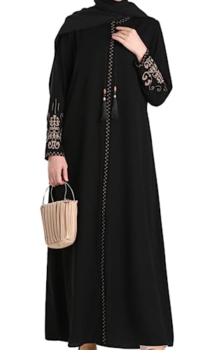 Women's Embroidered Sleeves Abaya and Embroidered On The Side of The Zipper Long Sleeve Floor Length Turkish Islamic Fashion (Black, 3X-Large)