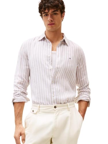 Tommy Hilfiger Men's Linen Stripe Regular Long Sleeve Shirts, Sandalwood/Optic White Small