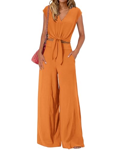 PRETTYGARDEN Women's Summer 2 Piece Outfits 2025 Cap Sleeve V Neck Belted Crop Tops Wide Leg Pant Sets Casual Tracksuit(Solid Orange,Large)