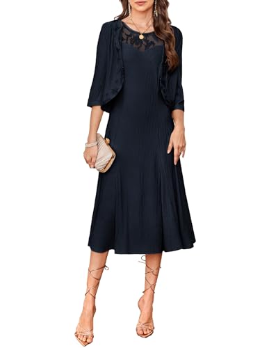 Navy Blue Dress for Women 2025 Knitted Lace Crew Neck Aline Dress with Long Sleeve Jacket L