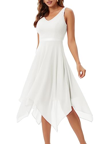 Meetjen Women A Line V Neck Sleeveless Lace Chiffon Dresses Cocktail Prom Dress Vestidos De Mujer Elegantes White L