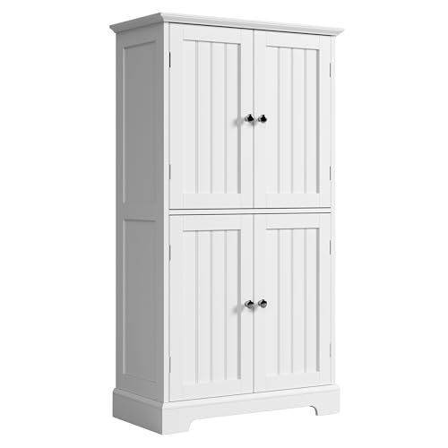 ChooChoo Bathroom Floor Cabinet, Modern Bathroom Storage Cabinet with 4 Doors and Adjustable Shelves, Freestanding Cupboard for Living Room, White