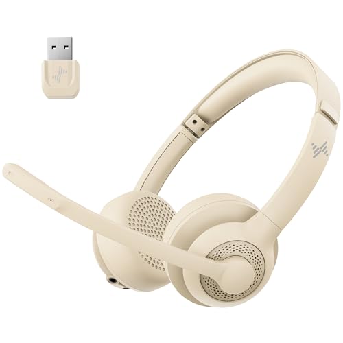 JIAMQISHI Wireless Headset with AI Noise Cancelling Microphone Bluetooth Headset - Bluetooth V5.2 Headphones with USB Dongle & Mic Mute for Computer/Laptop/PC/iPhone/Android/Cell Phones/Zoom-Apricot