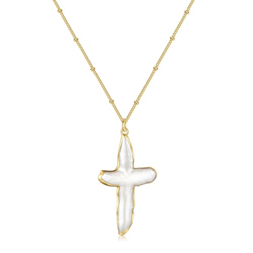 ALRNBY Pearl Cross Necklace for Women Freshwater Natural Chunky Baroque Pearl Necklaces Big Gold Cross Necklace Pearl Christian Gifts for Women Men Trendy Jewelry