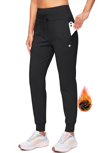 G Gradual Women's Fleece Lined Joggers High Waisted Water Resistant Thermal Winter Sweatpants Running Hiking Pockets(Black, M)