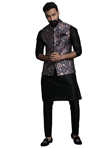 Elina fashion Men's Indian Cotton Kurta Pajama And Printed Nehru Jacket (Waistcoat) Indian Wedding Ethnic Diwali Puja Set