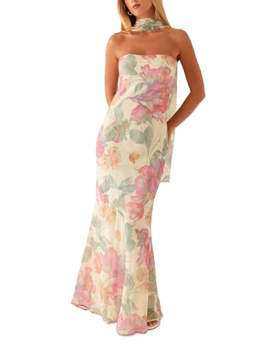 Women Floral Formal Strapless Dress Sexy Backless Maxi Long Dresses Y2K Sleeveless Mesh Bodycon Tube with Neck Scarf Summer Party Cocktail Club Night Out Sundress Beachwear