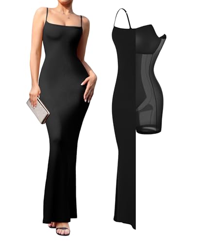 Popilush Bodycon Dresses for Women Black Maxi Dress Summer Ribbed Cocktail Spaghetti Strap Shapewear Dresses Party Long Going Out