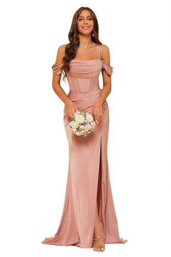 RUMUGUYA Ruched Satin Bridesmaid Dresses Long Spaghetti Straps Mermaid Off Shoulder Dusty Rose Split Evening Dresses for Wedding 8