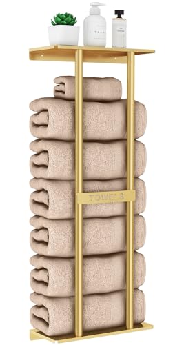 STWWO Bathroom Towel Storage Rack for Bathroom, 30 inch Towel Racks Wall Mounted with Shelf Can Holds 6 Large Towels, Wall Towel Rack for Rolled Towels, Gold