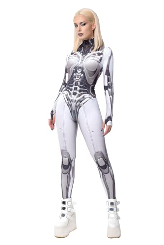 White Cyber Robot Bodysuit for Women Futuristic Mech Design Full Body Suit Stretchy Cosplay Outfit (HX146, L)