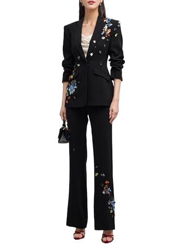 platlogy Women's Formal Chic Runway Suit Set Female's Sequin Bead Slim Fit Single Button Blazer Pants Set 2Pcs Outfit Black