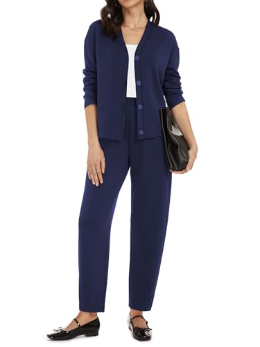 Casly Lamiit Lounge Sets for Women 2 Piece Travel Casual Outfits Button Down Cardigan Pants Set 2025 Fall Dressy Work Clothes Navy Blue XL
