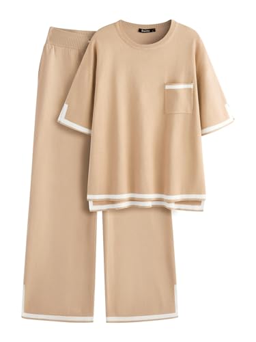 ZANZEA Women's 2 Piece Outfits Lounge Sets Short Sleeve Knit Pullover Tops Wide Leg Pajama Sets with Pockets Khaki 2X-Large