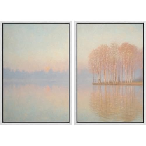 SIGNFORD Framed Canvas Print Wall Art Set Pastel Lake Landscape Serene Sunrise Water Reflection Illustration Modern Art Decorative Nordic Nature for Living Room, Bedroom, Office - 16"x24"x2 WHITE