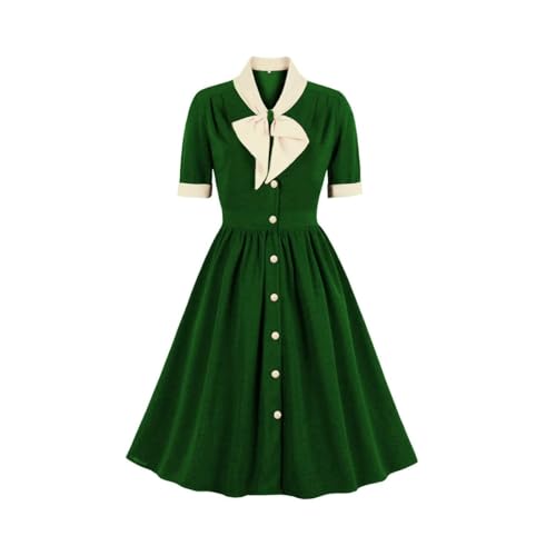 Vintage Women 1940s Bow Tie Neck Dress Retro 40s 50s Button Up Business Work A-line Cocktail Dresses Green L