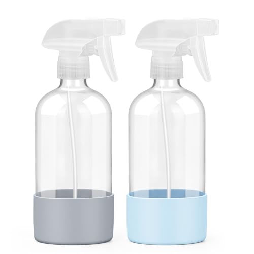 Worldgsb 2 Pack Glass Spray Bottles with Silicone Sleeve, 16 oz Empty Refillable Containers with Adjustable Spray Nozzles, Spray Bottles for Hair, Cleaning Solutions and Plants Blue&Grey