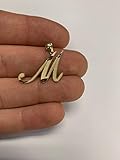 Ice on Fire Jewelry 10k Solid Real Gold Cursive Initial Pendant, English Alpahbet A-Z Letter Charm with Diamond Cut (M)