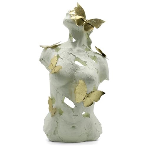 Lukitas Abstract Female Bust with Butterflies Statue and Sculpture, Body Figurine Art Decor, Beauty of Defects, Aesthetic Ornament for Office Living Room Bedroom, Beige, Resin 16"