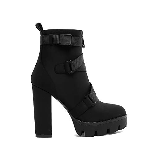 DETOGNI Women's Fashion Platform Block High Heel Booties Buckle Strap Zipper Ankle Boots (Black US12)