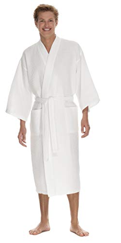 Men's Waffle Knit Robe by BOCA TERRY, Waffle Bathrobe for Men, Lightweight Summer Kimono Hotel Robe - White M/L