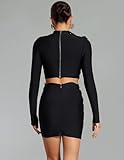 BELLA BARNETT Black Rhinestone 2 Piece Skirt Sets for Women Elegant Bandage Dress Long Sleeve Crop Top Sparkly Flower Skirt Sets Women 2 Piece Outfits