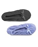 Isotoner Women's 2 Pack Mictroterry Ballerina Slipper with a Satin Bow, Plush Lining and Suede Sole, Periwinkle Quilted/Ash Solid, 8-9