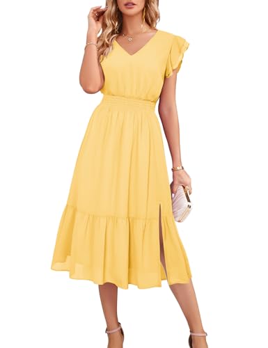 GRACE KARIN Dresses Polka Dot Dress for Women V Neck Ruffle Sleeve A-Line Midi Dress Summer Cocktail Party Dress Light Yellow XL